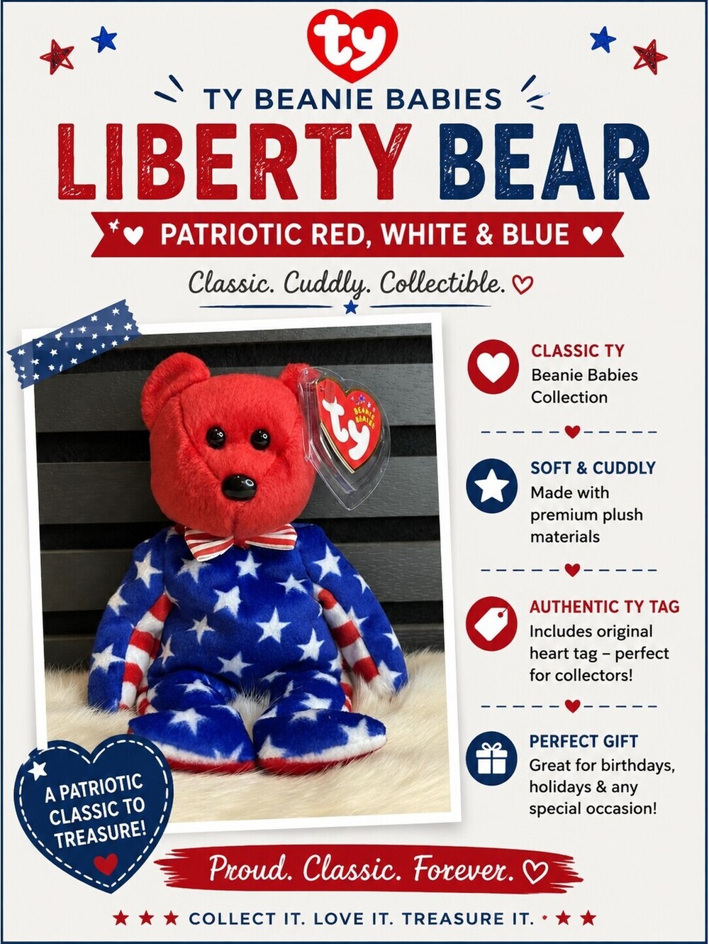 Ty Beanie Babies Liberty Bear Plush Patriotic Red White and Blue